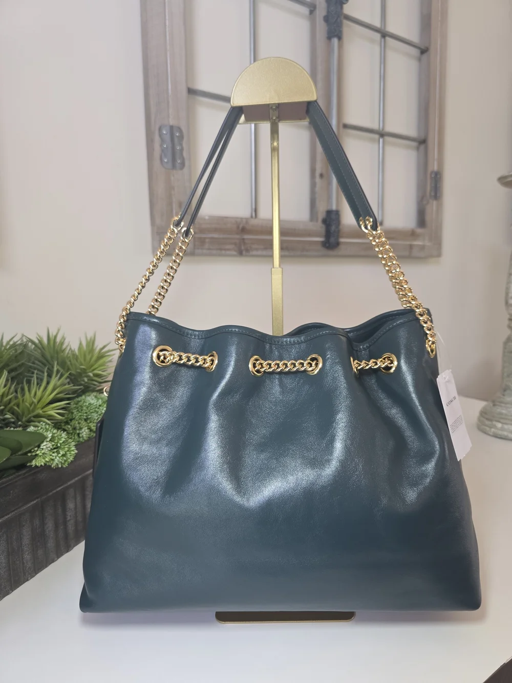 Coach Evelyn Shoulder Bag Dark Teal Smooth Leather Gold Chain- NWT